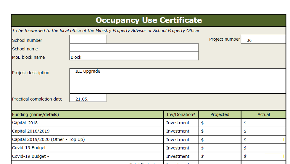 Occupancy Use Certificate Capital works in xero